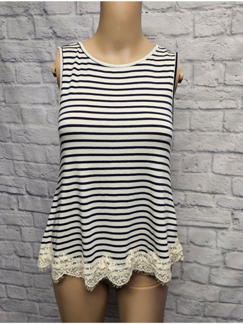 REWIND S WHITE EGRET NAVY BLUE STRIPE CROCHET EYELASH STRAPPY STRETCH TANK TOP